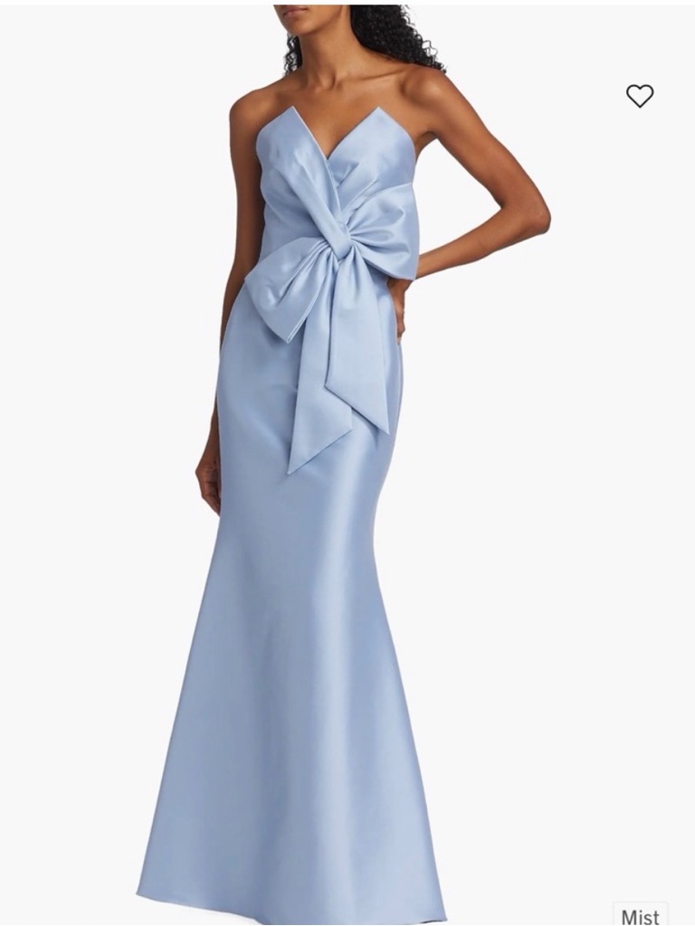 Badgley Mischka Mist Blue Strapless Satin Gown With Oversized Bow